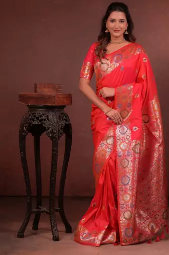 pink floral, zari work slik blend saree with blouse