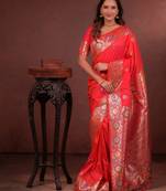 pink floral, zari work slik blend saree with blouse