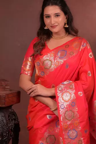 pink floral, zari work slik blend saree with blouse