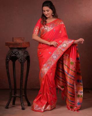 pink floral, zari work slik blend saree with blouse 3