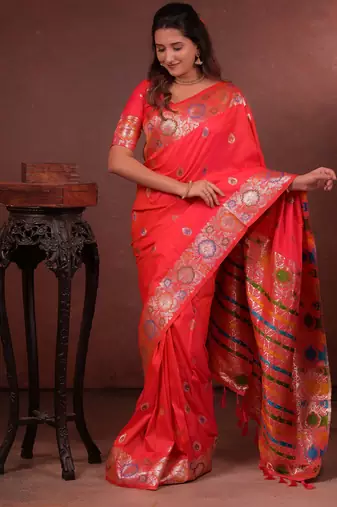 pink floral, zari work slik blend saree with blouse