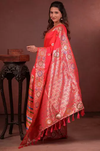 pink floral, zari work slik blend saree with blouse