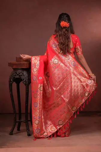 pink floral, zari work slik blend saree with blouse