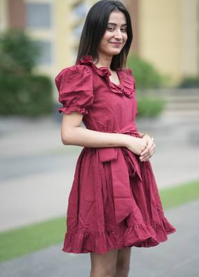 Dark maroon vintage pure cotton mini summer dress with ruffeled sleeves 2