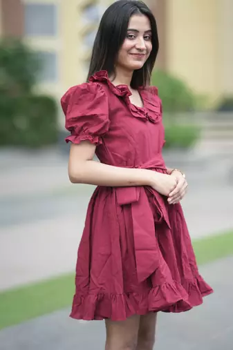 Dark maroon vintage pure cotton mini summer dress with ruffeled sleeves