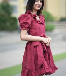 Dark maroon vintage pure cotton mini summer dress with ruffeled sleeves