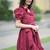 Dark maroon vintage pure cotton mini summer dress with ruffeled sleeves