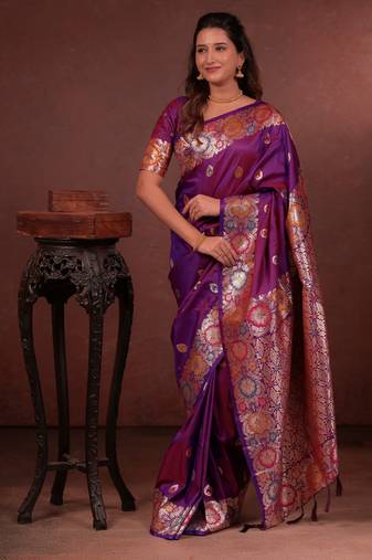 purple floral, zari work slik blend saree with blouse