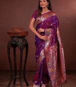 purple floral, zari work slik blend saree with blouse