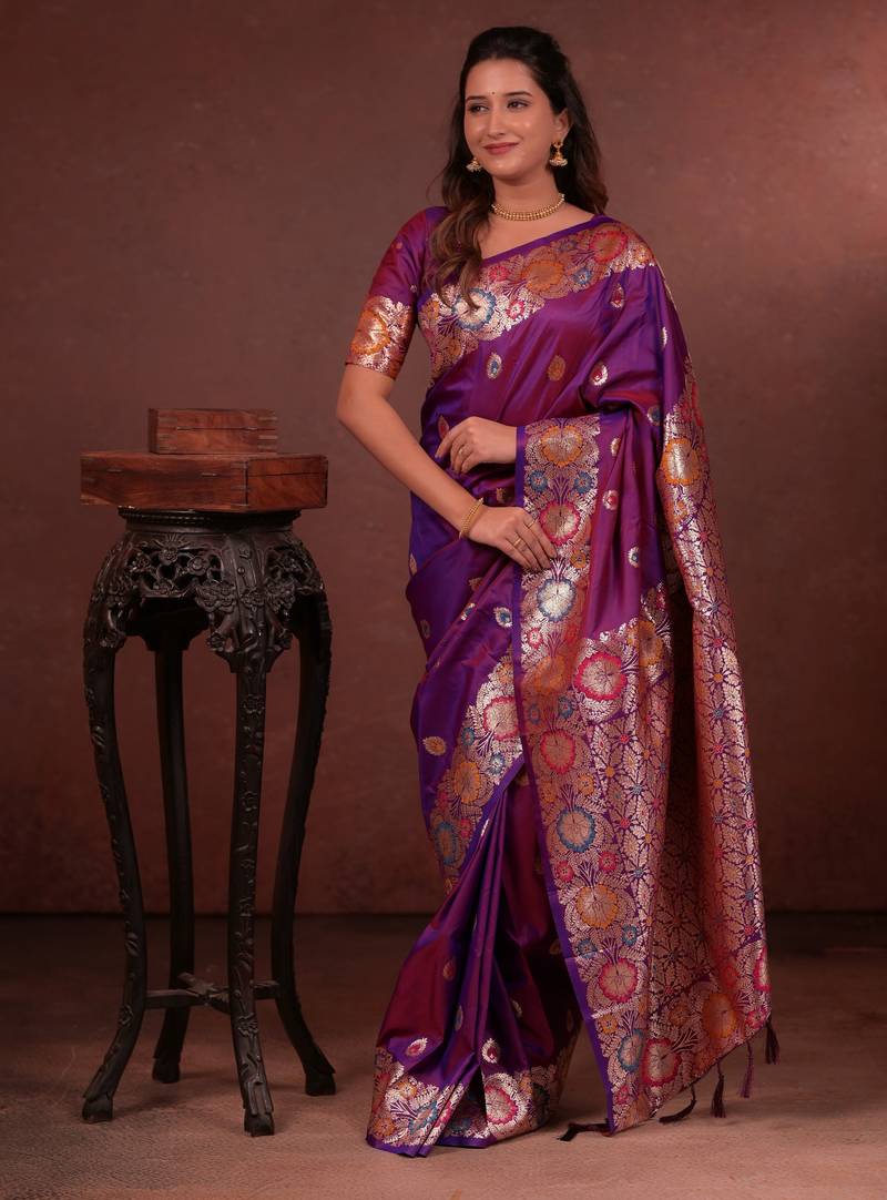 purple floral, zari work slik blend saree with blouse
