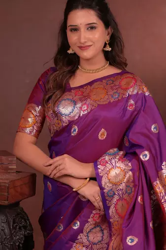 purple floral, zari work slik blend saree with blouse