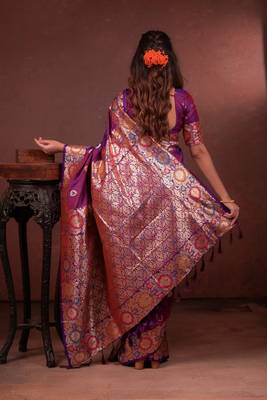purple floral, zari work slik blend saree with blouse 4