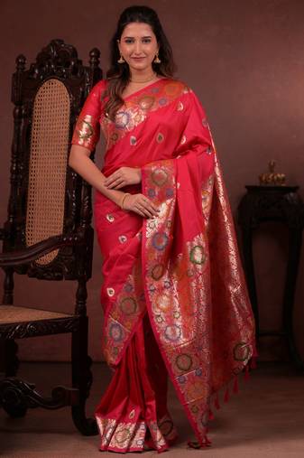 red floral, zari work slik blend saree with blouse