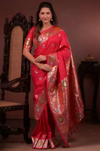 red floral, zari work slik blend saree with blouse