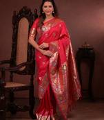 red floral, zari work slik blend saree with blouse