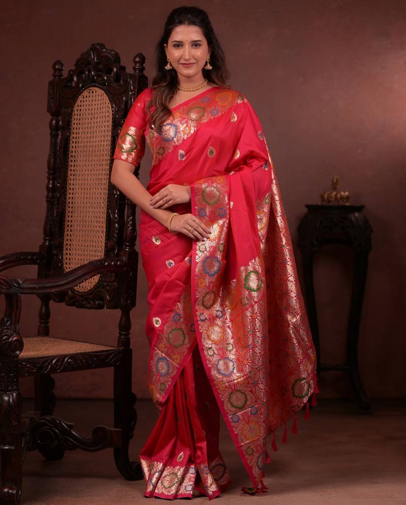 red floral, zari work slik blend saree with blouse