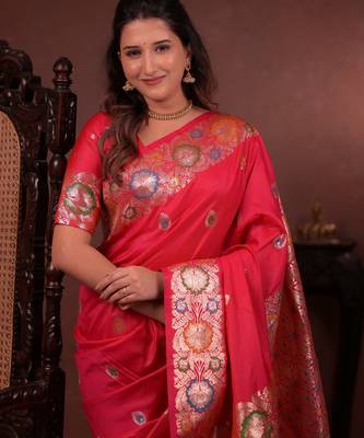red floral, zari work slik blend saree with blouse 2