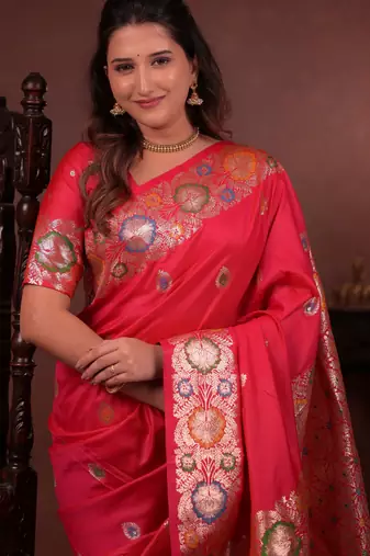 red floral, zari work slik blend saree with blouse