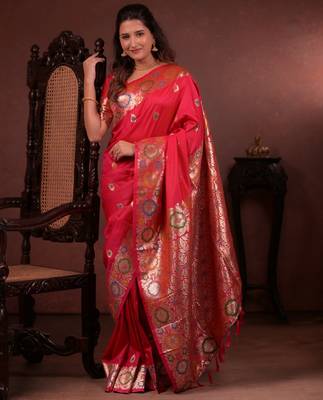 red floral, zari work slik blend saree with blouse 3
