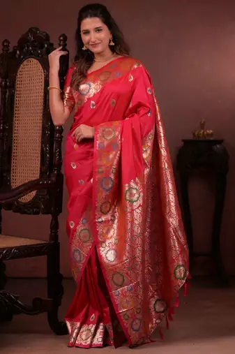 red floral, zari work slik blend saree with blouse
