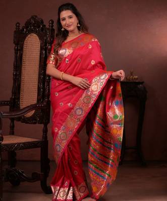 red floral, zari work slik blend saree with blouse 4
