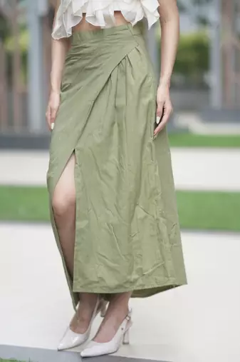 Yellow ruffled one shoulder top with bottole green cotton long skirt