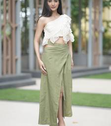Yellow ruffled one shoulder top with bottole green cotton long skirt