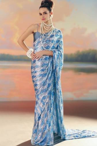 Blue Color Sequence Work Silk Saree