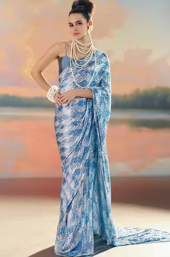 Blue Color Sequence Work Silk Saree