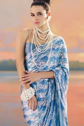 Blue Color Sequence Work art silk saree