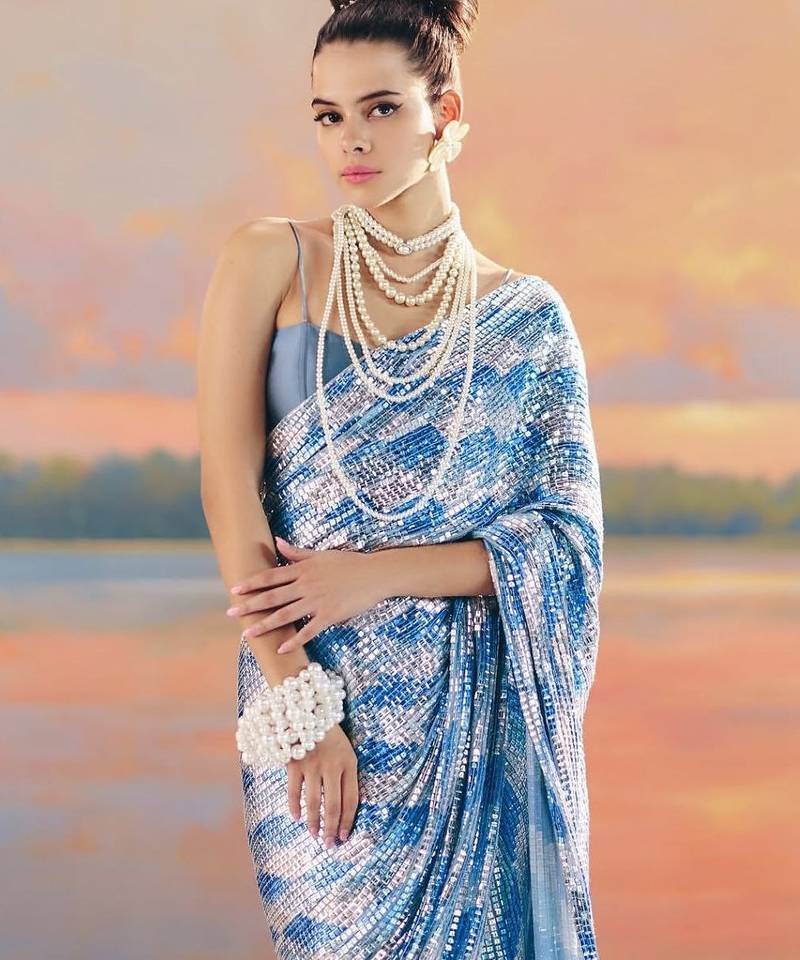 Blue Color Sequence Work Silk Saree