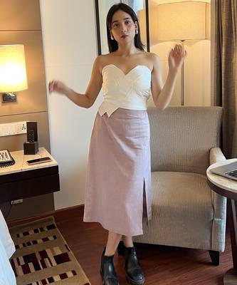 White tube top linen beige pencil skirt western wear 4