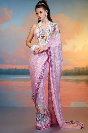 Pink Color Sequence Work Silk Saree