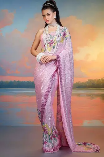 Pink Color Sequence Work Silk Saree