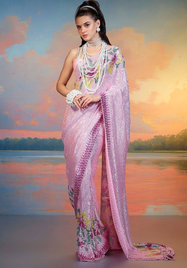 Pink Color Sequence Work Silk Saree