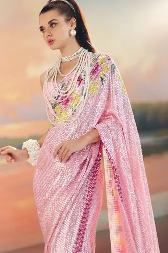 Pink Color Sequence Work art silk saree