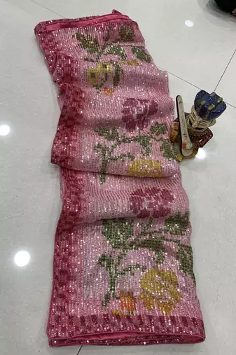 Pink Color Sequence Work art silk saree