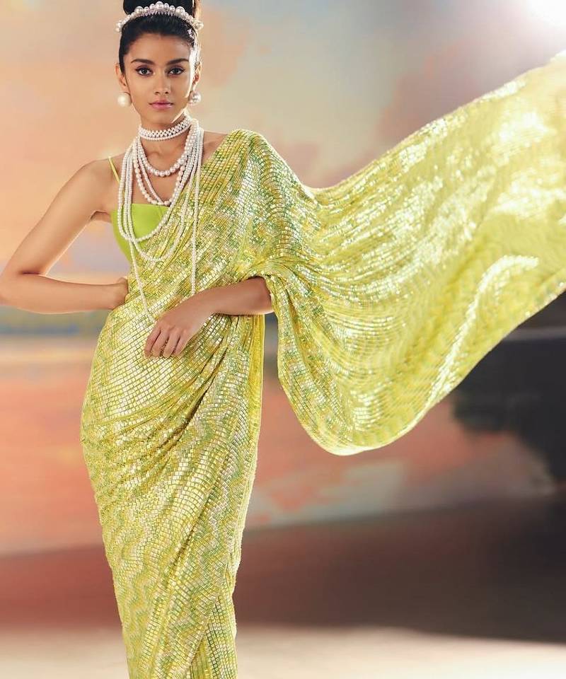 Yellow Color Sequence Work Silk Saree