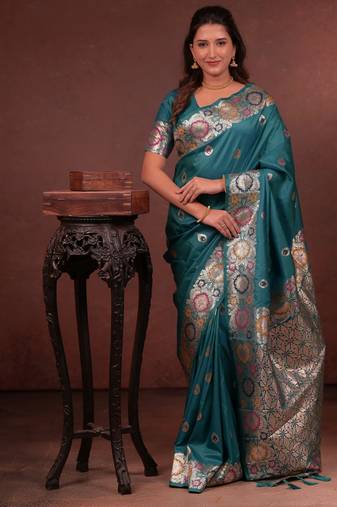 teal green floral, zari work slik blend saree with blouse