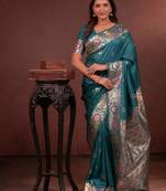 teal green floral, zari work slik blend saree with blouse