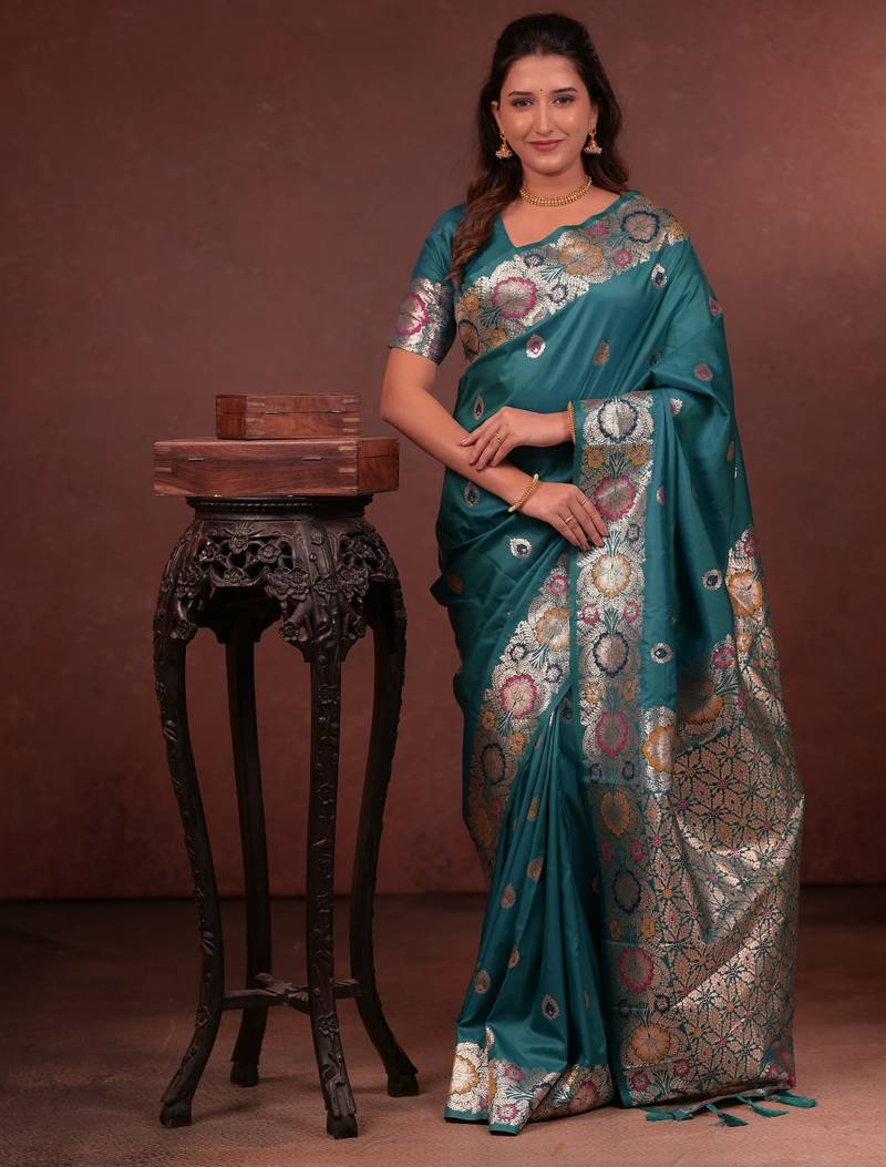 teal green floral, zari work slik blend saree with blouse