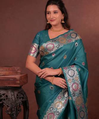 teal green floral, zari work slik blend saree with blouse 2