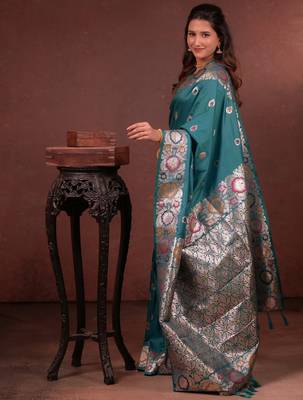 teal green floral, zari work slik blend saree with blouse 3