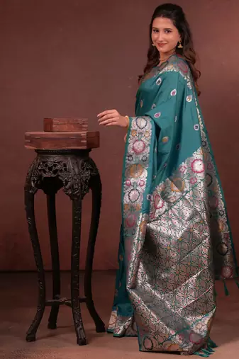 teal green floral, zari work slik blend saree with blouse