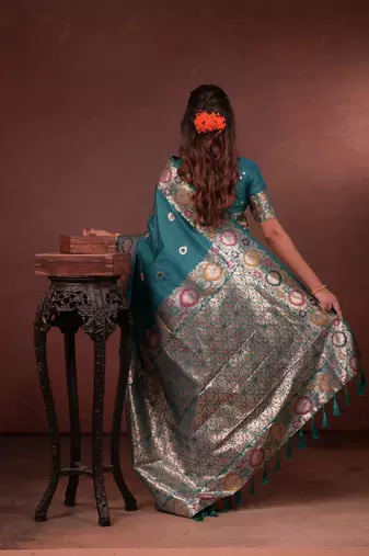 teal green floral, zari work slik blend saree with blouse