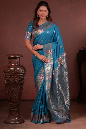 turquoise blue floral, zari work slik blend saree with blouse