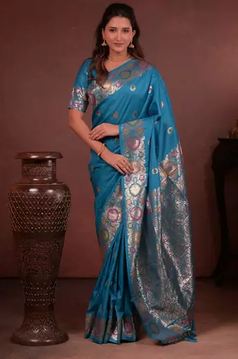 turquoise blue floral, zari work slik blend saree with blouse