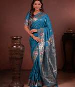 turquoise blue floral, zari work slik blend saree with blouse