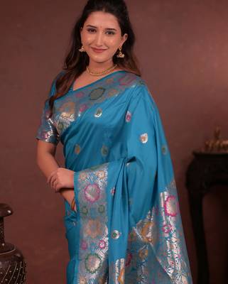 turquoise blue floral, zari work slik blend saree with blouse 2