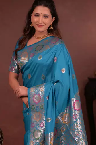 turquoise blue floral, zari work slik blend saree with blouse
